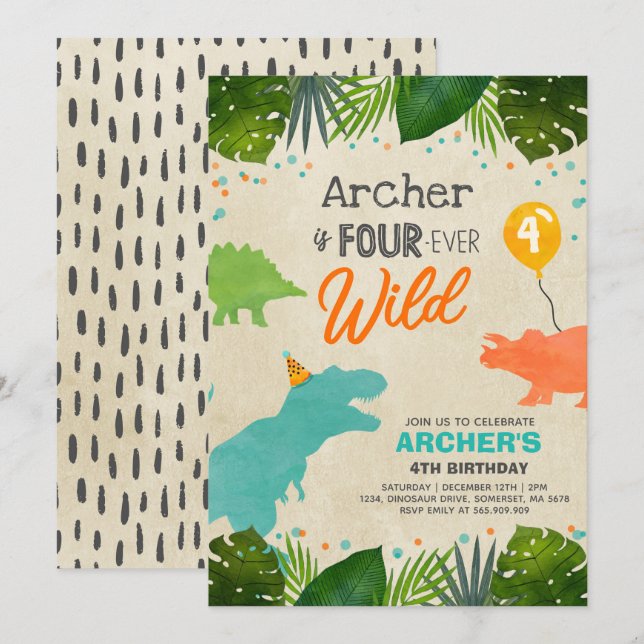 Dinosaur Birthday Invite Four Ever Wild Dino Party (Front/Back)
