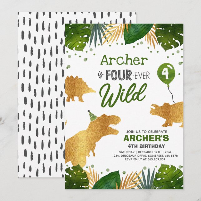 Dinosaur Birthday Invite Four Ever Wild Dino Party (Front/Back)