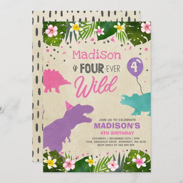 Dinosaur Birthday Invite Four Ever Wild Dino Party (Front/Back)