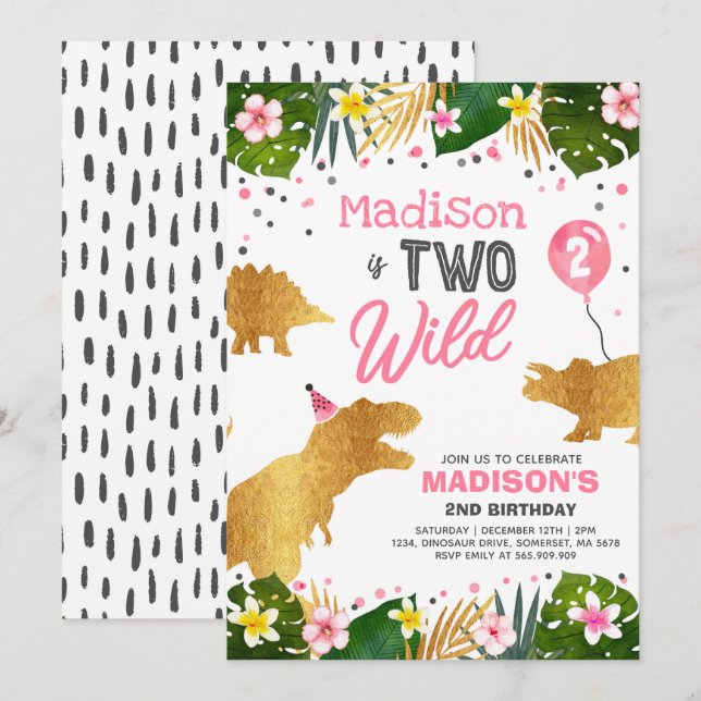 Dinosaur Birthday Invite Two Wild Dinosaur Party (Front/Back)