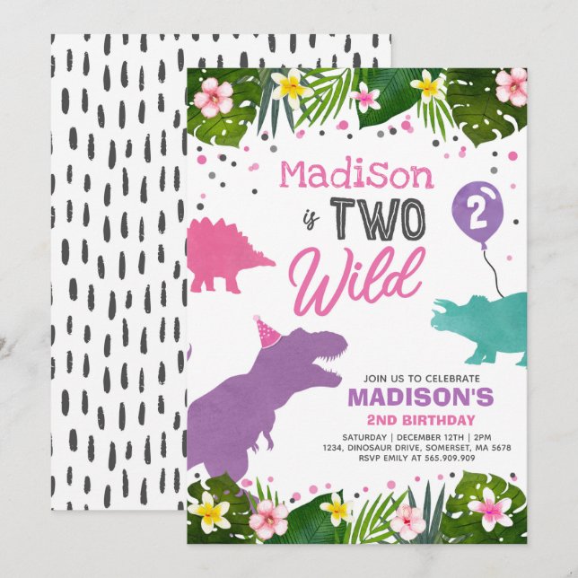 Dinosaur Birthday Invite Two Wild Dinosaur Party (Front/Back)