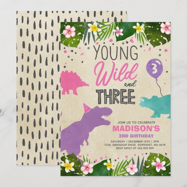 Dinosaur Birthday Invite Wild And Three Dino Party (Front/Back)