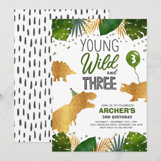 Dinosaur Birthday Invite Wild And Three Dino Party (Front/Back)