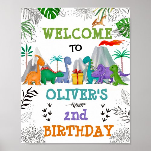 Dinosaur Birthday Jungle Leaves Party Welcome Poster