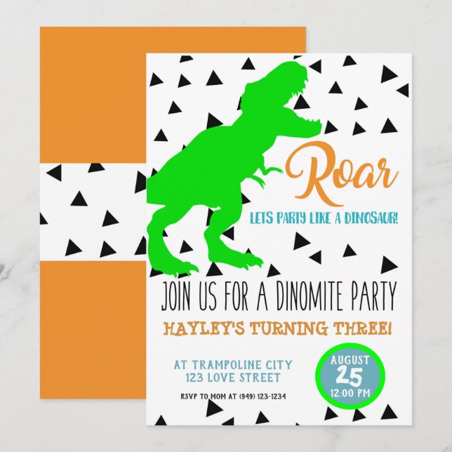 Dinosaur Birthday Kids Invitations Neon Green (Front/Back)