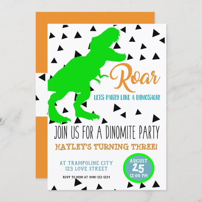Dinosaur Birthday Kids Invitations Neon Green (Front/Back)