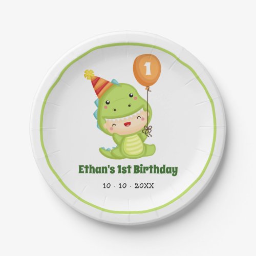 Dinosaur Birthday Paper Plates Cute Boy Balloon