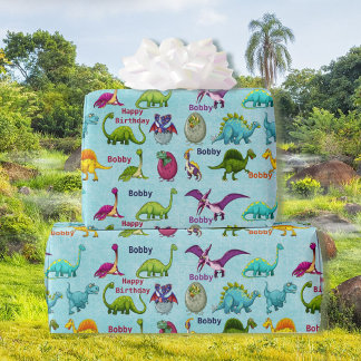 Dinosaur Birthday Party Add Boy's Name Wrapping Paper