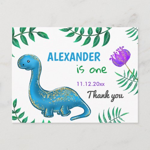 Dinosaur Birthday Party  Blue Dino Thank You Postcard