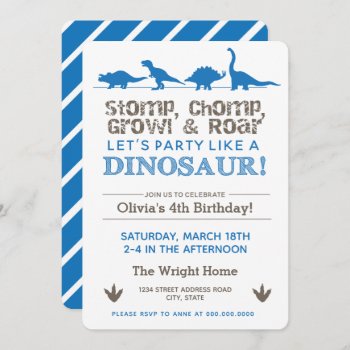 Dinosaur Birthday Party Blue Stomp Chomp Roar Invitation by LaurEvansDesign at Zazzle