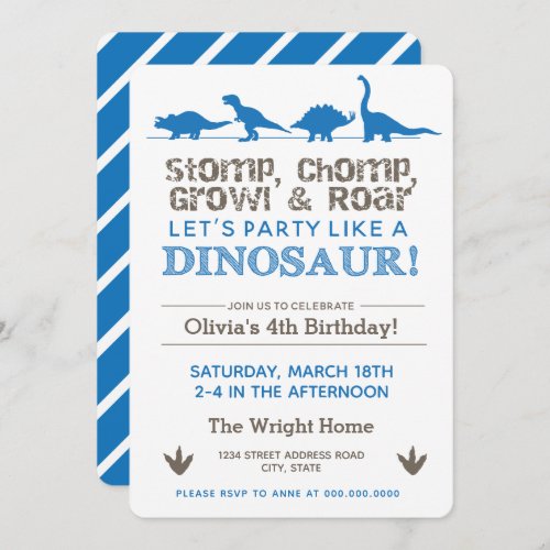 Dinosaur Birthday Party Blue Stomp Chomp Roar Invitation