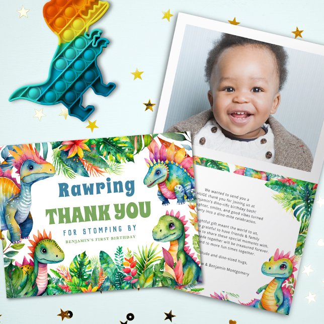 Dinosaur Birthday Party Boy Custom Photo Tropical  Thank You Card (Creator Uploaded)