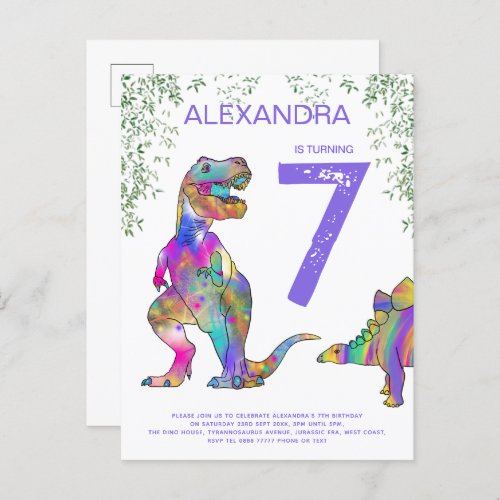 Dinosaur Birthday Party budget purple Invitation Postcard