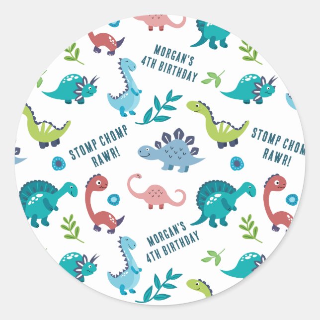 Dinosaur Birthday Party Classic Round Sticker (Front)
