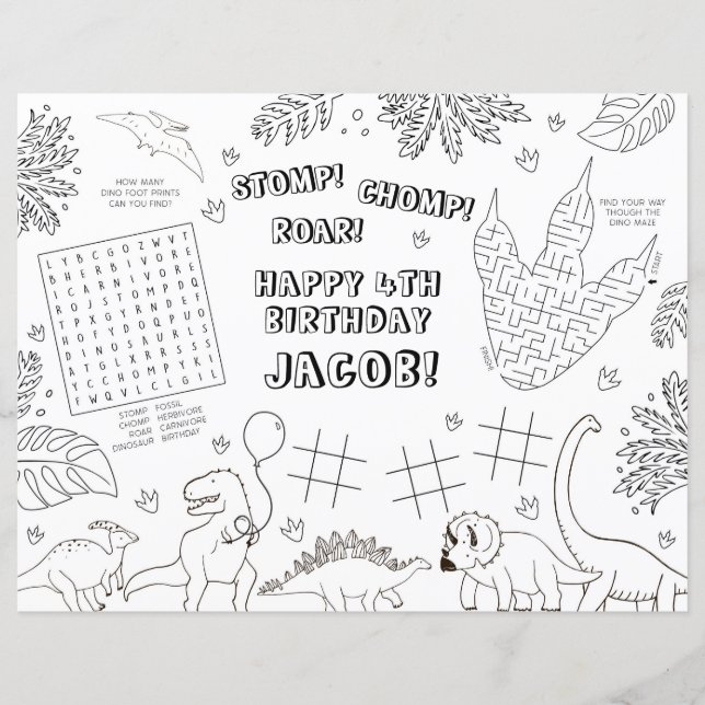 Dinosaur Birthday Party Coloring Placemat (Front)