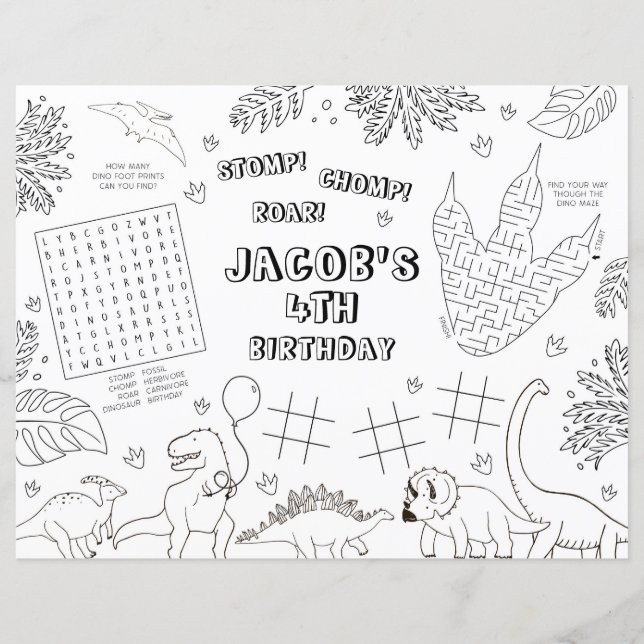 Dinosaur Birthday Party Coloring Placemat (Front)