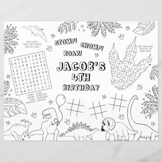 Dinosaur Birthday Party Coloring Placemat | Zazzle
