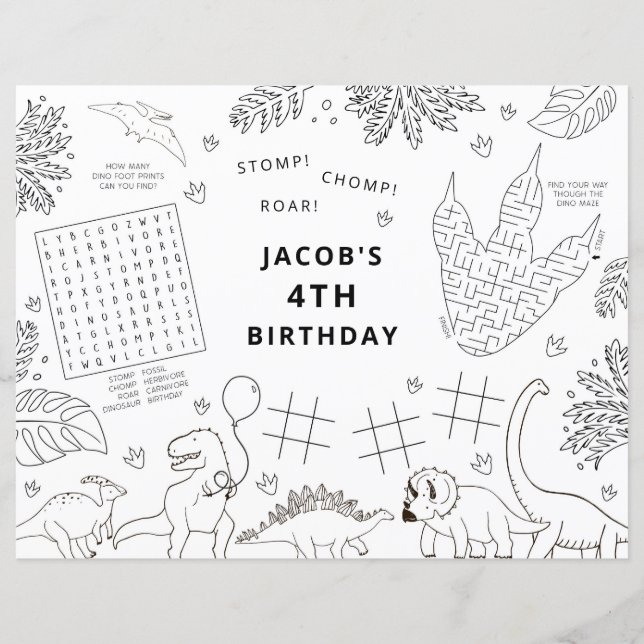Dinosaur Birthday Party Coloring Placemat (Front)