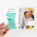 Dinosaur Birthday Party Custom Photo Thank You Card<br><div class="desc">Funny and cute birthday party thank you template card for your child's dinosaur theme party. Cartoon style illustration of a green dinosaur with yellow spikes. The t rex is wearing a blue bow tie and a tiny party hat. Above the t-rex it says "Thank you for stomping by." Customize this...</div>