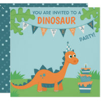 Dinosaur birthday party, cute orange cartoon dino invitation