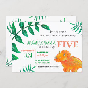 Dinosaur Birthday Party   Cute Orange Triceratops Invitation