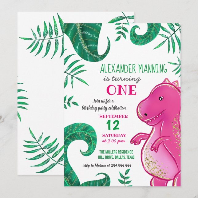 Dinosaur Birthday Party | Cute T-Rex Pink Invitation (Front/Back)