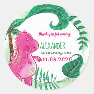 Dinosaur Birthday Party Cute T-Rex Pink Thank You Classic Round Sticker