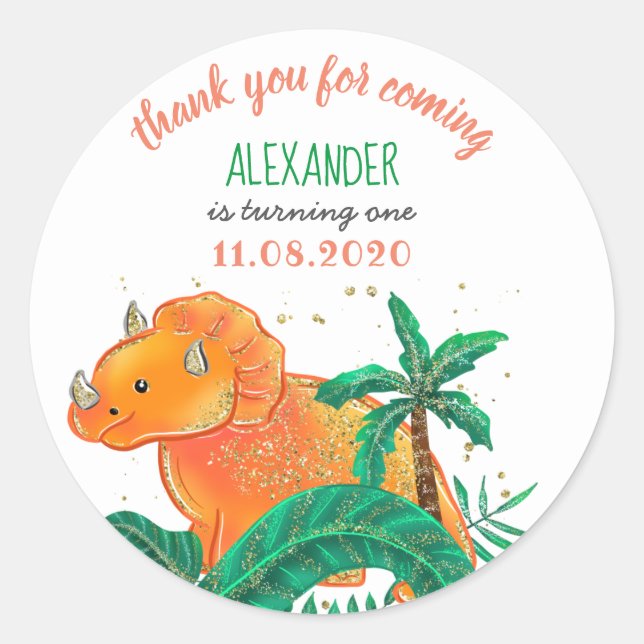 Dinosaur Birthday Party Cute Triceratops Thank You Classic Round Sticker (Front)