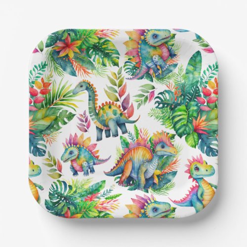 Dinosaur Birthday Party Cute Watercolor Pattern Paper Plates