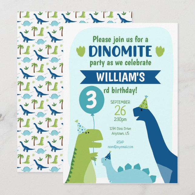 Dinosaur Birthday Party Dino Party Blue and Green Invitation (Front/Back)