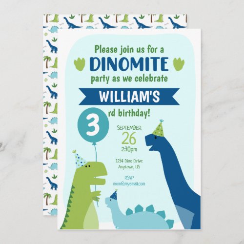Dinosaur Birthday Party Dino Party Blue and Green Invitation