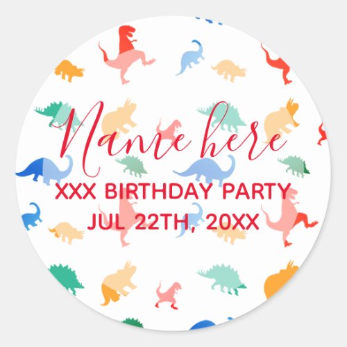 Dinosaur Birthday party favor colorful pattern Classic Round Sticker