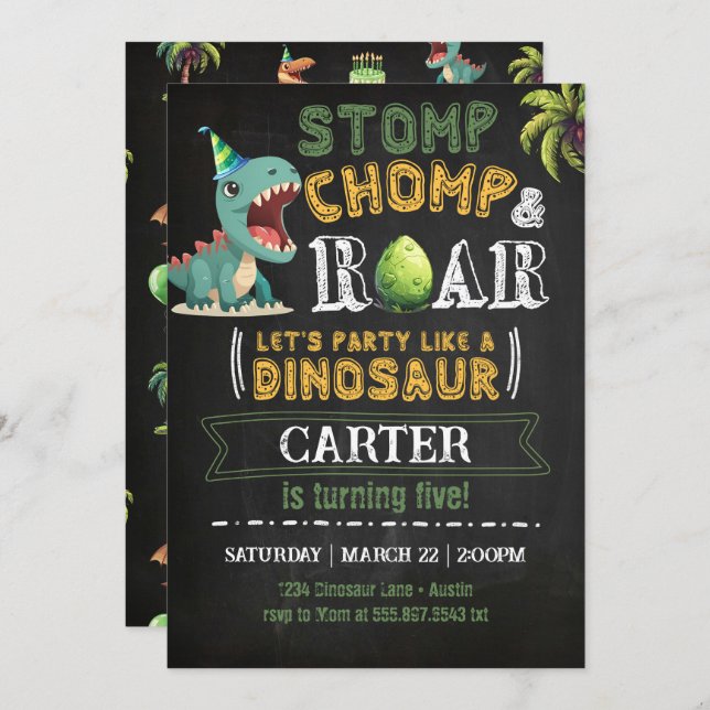 Dinosaur Birthday Party Invitation Chomp Roar (Front/Back)