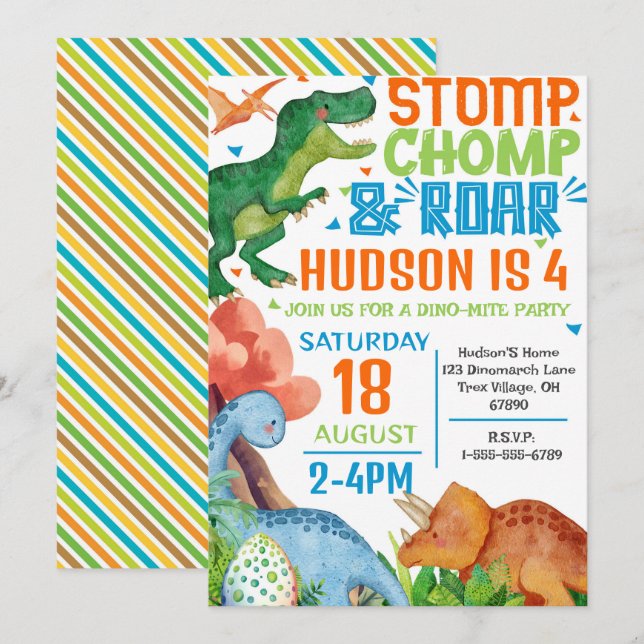 Dinosaur Birthday Party Invitation Personalized  (Front/Back)