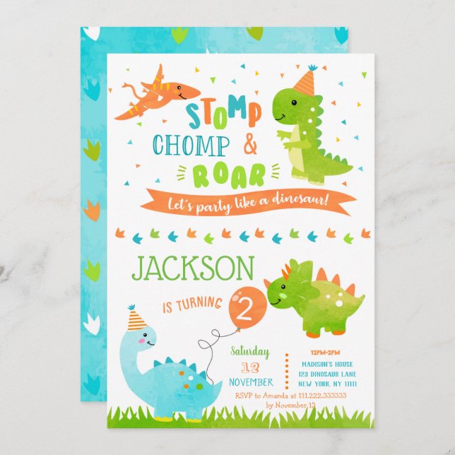 Dinosaur Birthday Party Invitations (Front/Back)