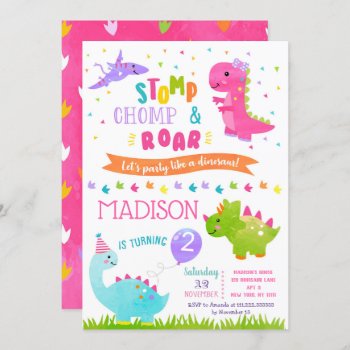 Dinosaur Birthday Party Invitations For Girl by SugarPlumPaperie at Zazzle