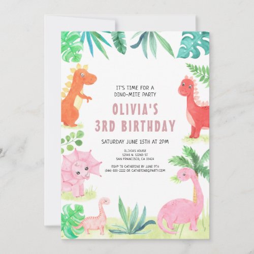 Dinosaur Birthday Party Kids Pink Girl Dino Invitation