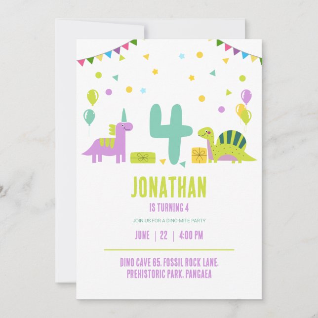 Dinosaur Birthday Party Pastel Kids 4th Birthday Invitation (Front)