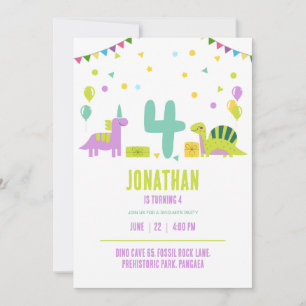 Dinosaur Birthday Party Pastel Kids 4th Birthday Invitation