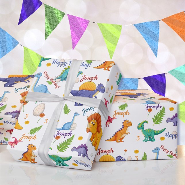 Dinosaur Birthday Party Personalize Name Age Gift Wrapping Paper (Creator Uploaded)