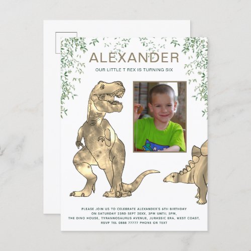 Dinosaur birthday party photo invitation postcard
