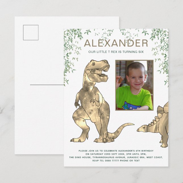 Dinosaur birthday party photo invitation postcard (Front/Back)