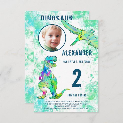 Dinosaur Birthday Party Photo Modern Watercolor Invitation