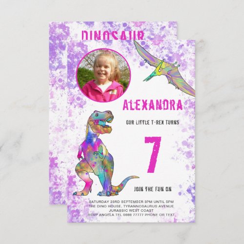 Dinosaur Birthday Party Photo Pink Invitation