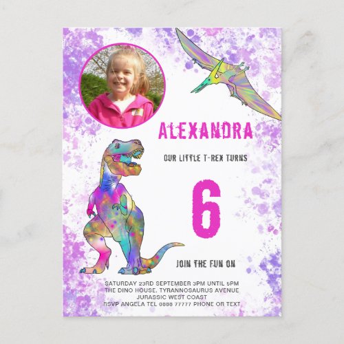 Dinosaur Birthday Party Photo Pink Invitation Postcard