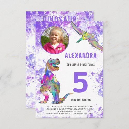 Dinosaur Birthday Party Photo Purple Invitation