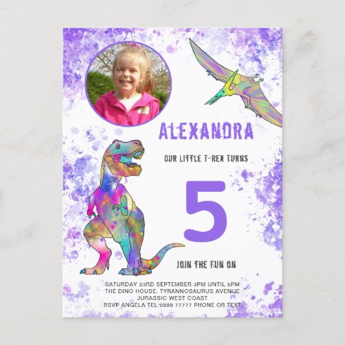 Dinosaur Birthday Party Photo Purple Invitation Postcard
