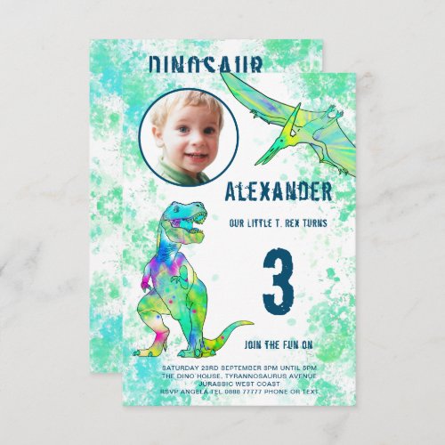 Dinosaur Birthday Party Photo Watercolor Invitation