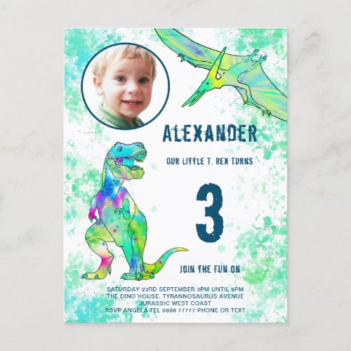 Dinosaur Birthday Party Photo Watercolor Invitation Postcard