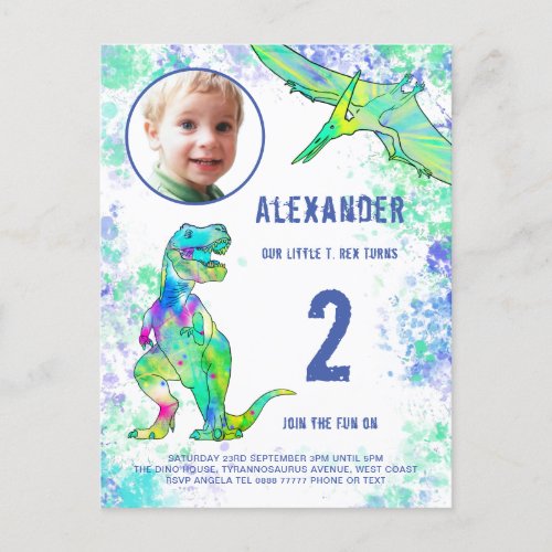 Dinosaur Birthday Party Photo Watercolor  Invitation Postcard